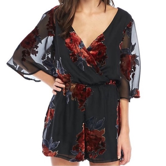 As U Wish black burnout velvet‎ floral wrap flutter sleeve mini dress size Small - Picture 1 of 13
